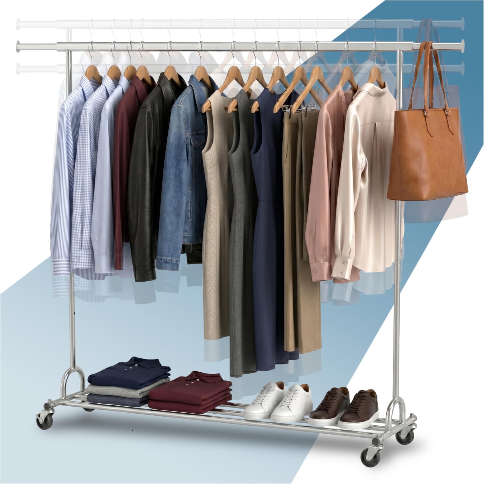 Large extendable garment rack with wheels and brakes — imagen 1 de 6