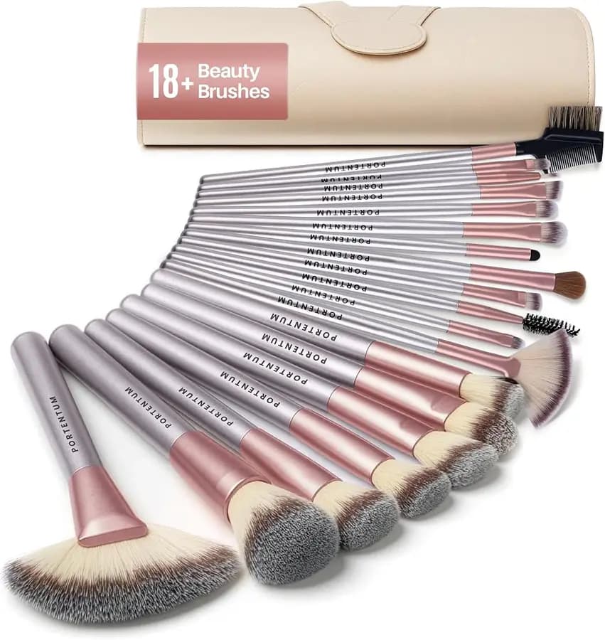 Set di 18 pennelli da trucco con manico in legno e astuccio in pelle — imagen 1 de 6