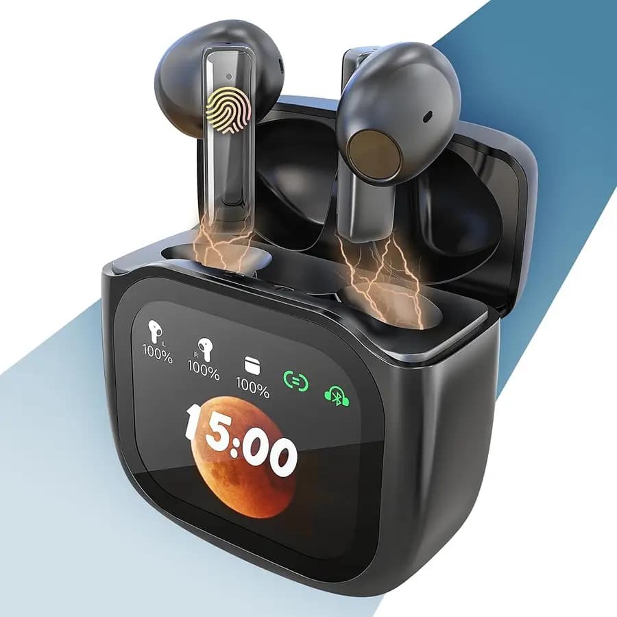 Bluetooth 5.4 wireless earbuds with LED touch screen, black