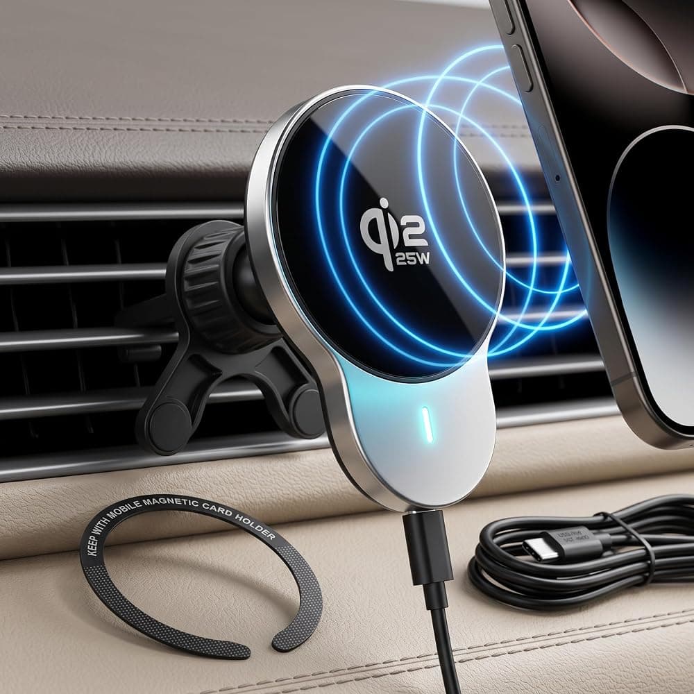 Qi2 wireless car charger, 25 W, with cooling fan and magnetic mount — imagen 1 de 6