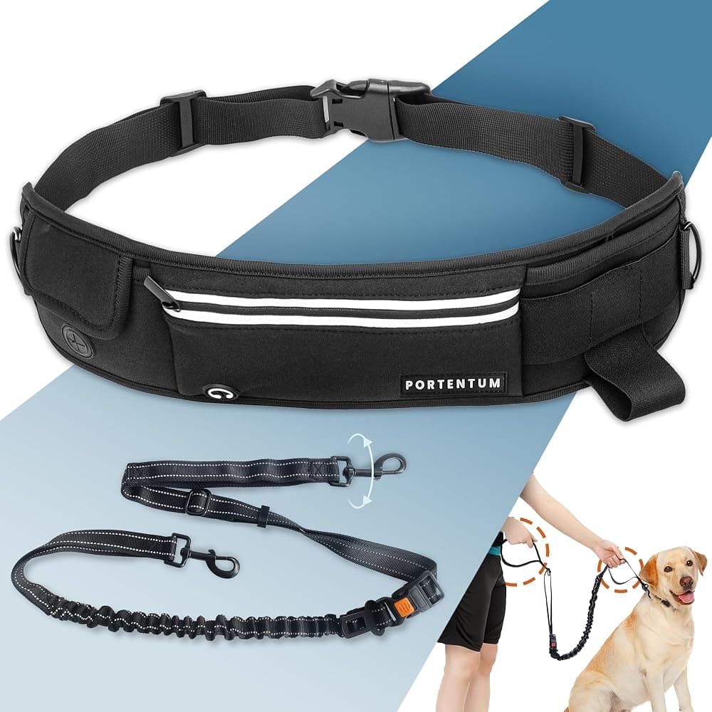 Hands-free dog lead with pouch and reflective stitching, black